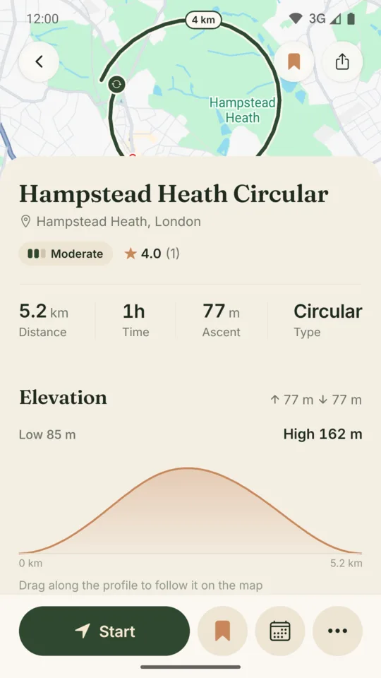 A trail page with its route, stats and elevation